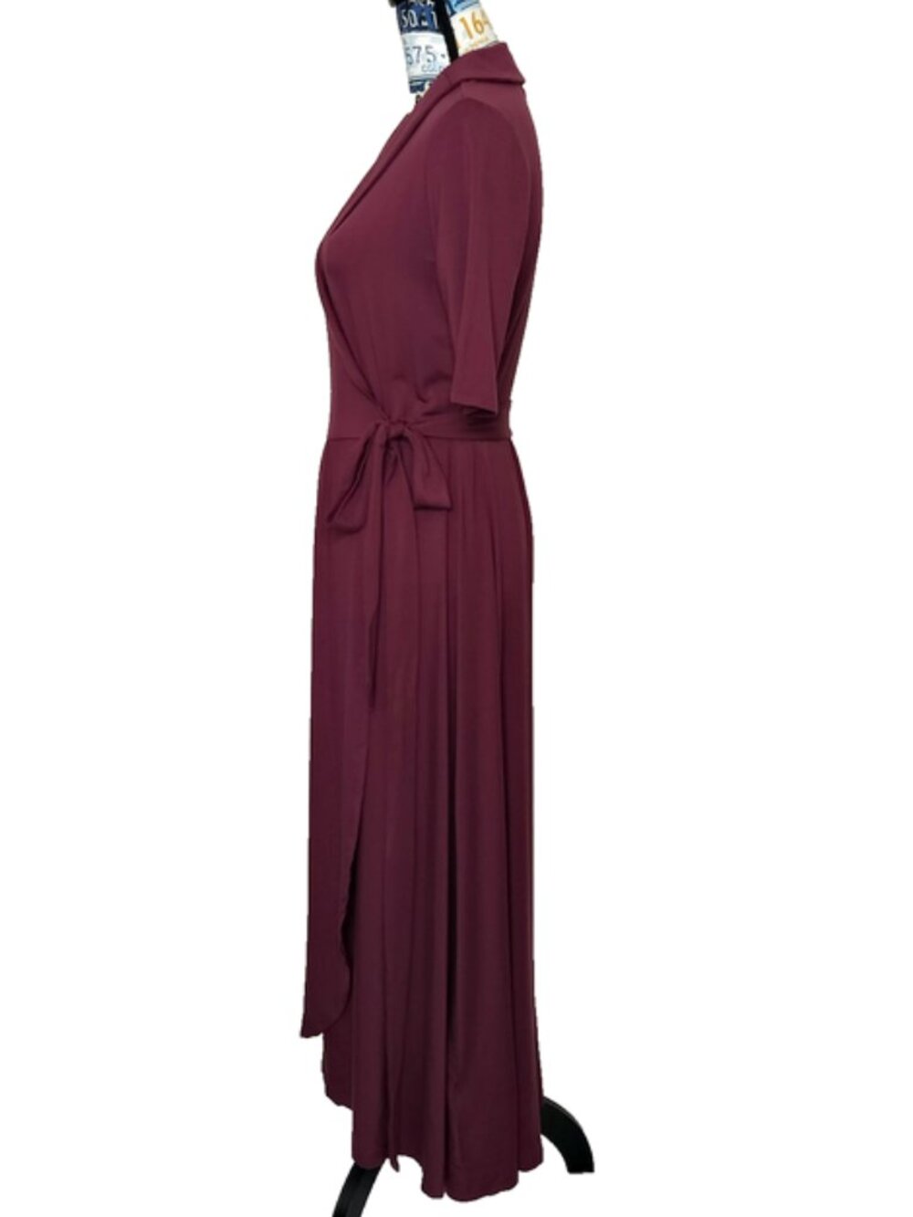 QUINCE Tencel Jersey Midi Wrap Dress Asymmetrical Hem Stretch Lyocell Wine M NWT - Picture 5 of 11